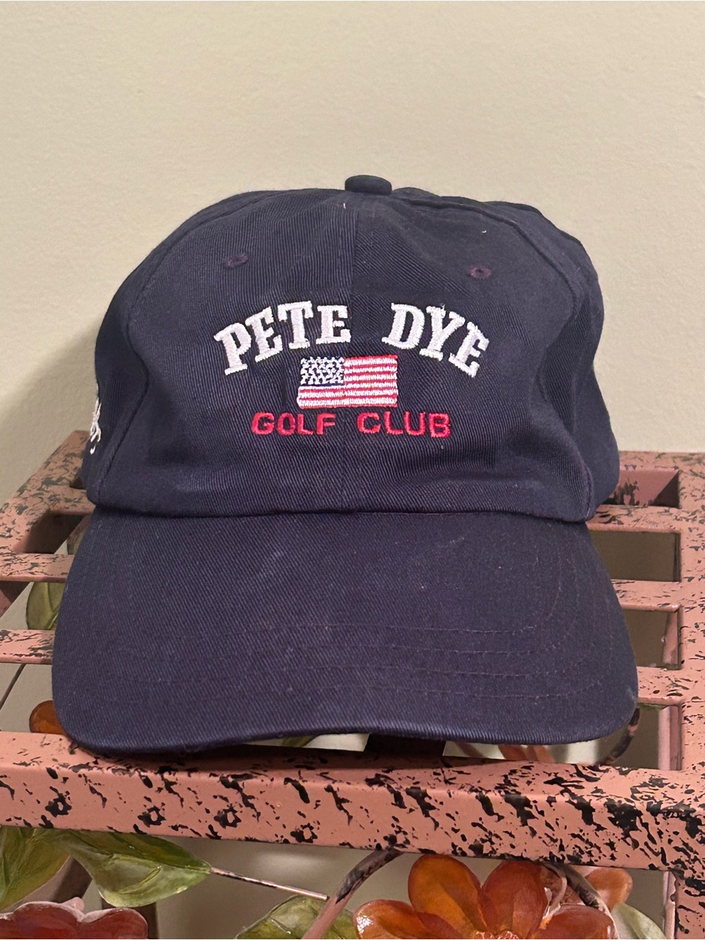 Vintage Pete Dye Golf Club Hat Ahead Authentic Headgear Navy Blue USA Flag Cap
